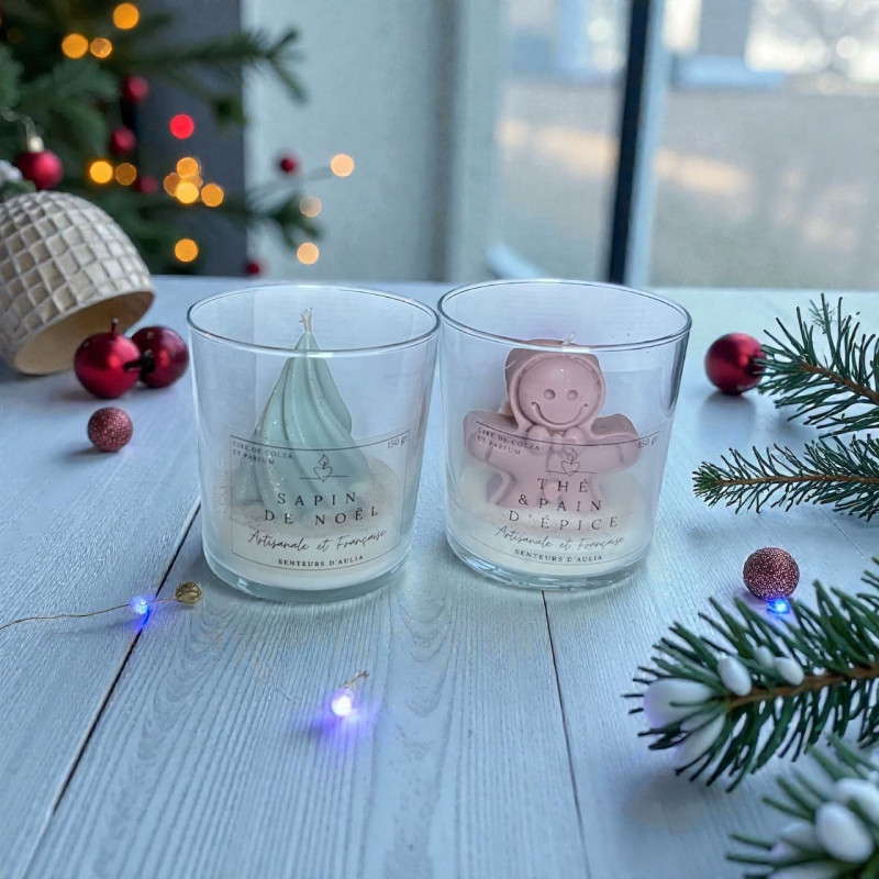 Bougies Parfumées de Noël – Sapin de Noël & Thé / Pain d’Épices | Cire de Colza Artisanale | Fabrication Française
