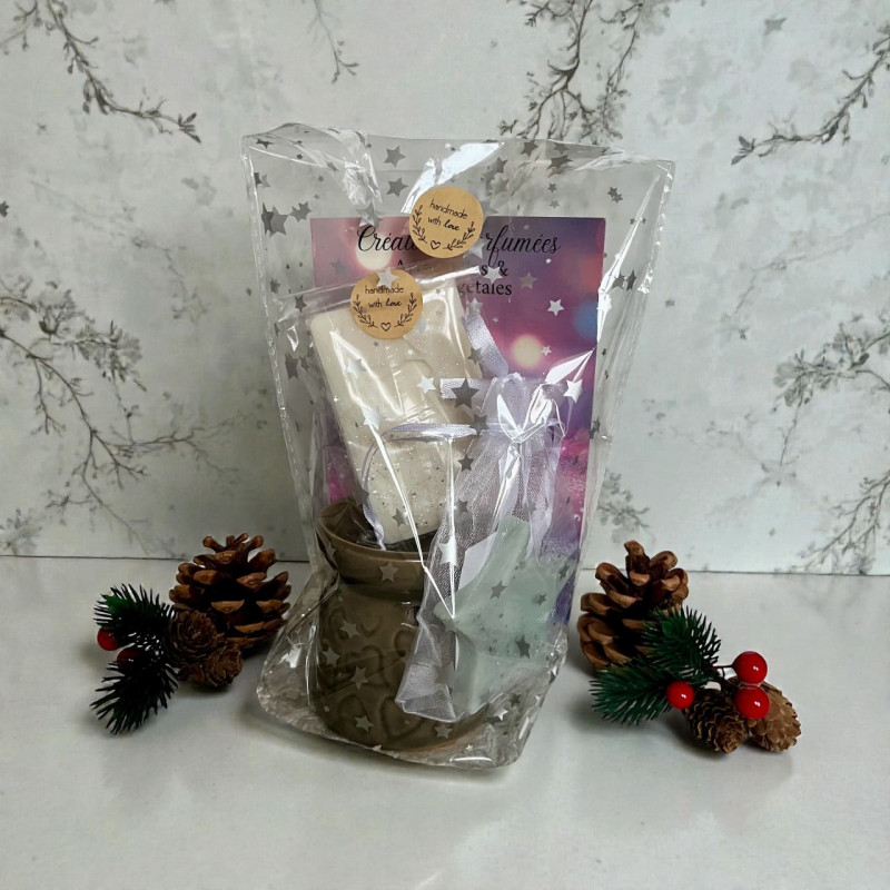 Petit Coffret de Noël Parfumé – Mini Brûleur (Couleur au Choix) + Suspension Étoilée + Tablette Fondante | Idée Cadeau Nounou &